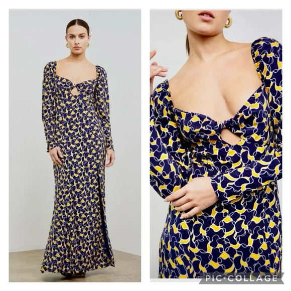 STAUD | Josephine Navy Abstract Wave Long Sleeve Cutout Slit Dress New NWT 2 - Picture 1 of 12